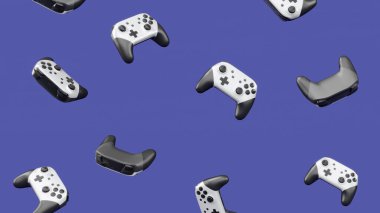 Mor arka planda dönen ve düşen gerçekçi siyah oyun joystickleri ya da gamepad 'leri. Bulut oyunu ve oyun alanı çalışma alanı konsepti için 3B yayın ekipmanı oluşturma