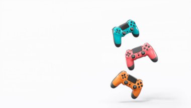 Gerçekçi renkli video oyunu joystickleri ya da beyaz arka planda renk düğmeleri olan gamepad 'ler. Bulut oyunu ve oyun alanı çalışma alanı konsepti için 3 boyutlu görüntüleme