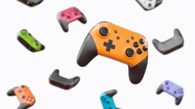 Siyah oyun joystickleri ya da oyun koruyucuları beyaz arka planda döner ve düşer. Bulut oyunu ve oyun alanı çalışma alanı konsepti için 3B yayın ekipmanı oluşturma