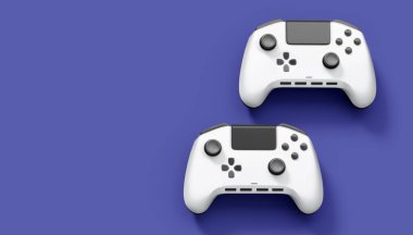 Gerçekçi beyaz video oyunu joystickleri ya da menekşe arka planda oyun pedleri. Bulut oyunu ve oyun alanı çalışma alanı konsepti için 3 boyutlu görüntüleme