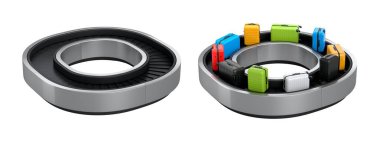 Havalimanı bagaj bandı ya da bagaj teslim alanı beyaz arka planda bavullarla dolu. Seyahat tatil konseptinin 3D sunucusu.