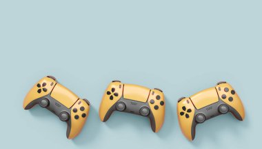 Gri arka planda gerçekçi sarı oyun joystickleri ya da oyun pedleri. Bulut oyunu ve oyun alanı çalışma alanı konsepti için 3 boyutlu görüntüleme