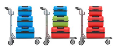 Beyaz arka planda bagajları taşımak için normal polikarbonat valiz seti. 3D seyahat konsepti. Tatil ve bagaj taşımacılığı.