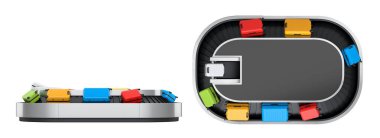 Havalimanı bagaj bandı ya da bagaj teslim alanı beyaz arka planda bavullarla dolu. Seyahat tatil konseptinin 3D sunucusu.