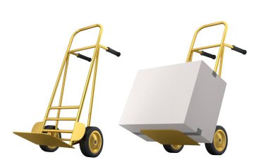 Havaalanı bagaj seti ya da bagaj vagonu yanında bir yığın karton kutu ya da beyaz arka planda karton kutu. Havaalanı veya depo servisinin 3d oluşturma ögesi