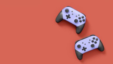 Gerçekçi gri video oyunu joystickleri ya da kırmızı arka planda oyun pedleri. Bulut oyunu ve oyun alanı çalışma alanı konsepti için 3 boyutlu görüntüleme