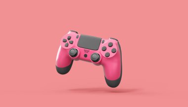 Pembe arka planda gerçekçi kırmızı video oyunu joystickleri ya da oyun pedleri. Bulut oyunu ve oyun alanı çalışma alanı konsepti için 3 boyutlu görüntüleme