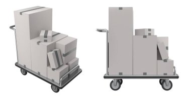 Havaalanı bagaj seti ya da bagaj vagonu yanında bir yığın karton kutu ya da beyaz arka planda karton kutu. Havaalanı veya depo servisinin 3d oluşturma ögesi