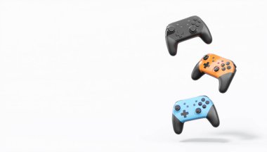 Gerçekçi renkli video oyunu joystickleri ya da beyaz arka planda renk düğmeleri olan gamepad 'ler. Bulut oyunu ve oyun alanı çalışma alanı konsepti için 3 boyutlu görüntüleme