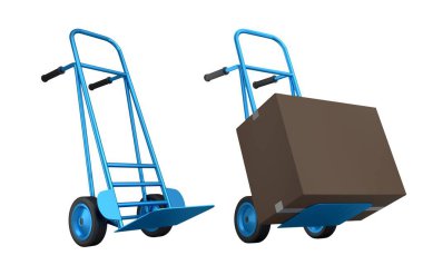 Havaalanı bagaj seti ya da bagaj vagonu yanında bir yığın karton kutu ya da beyaz arka planda karton kutu. Havaalanı veya depo servisinin 3d oluşturma ögesi