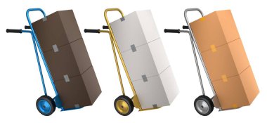 Havaalanı bagaj seti ya da bagaj vagonu yanında bir yığın karton kutu ya da beyaz arka planda karton kutu. Havaalanı veya depo servisinin 3d oluşturma ögesi