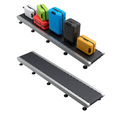 Havalimanı bagaj taşıma bandı, üretim hattı ya da bavulları beyaz arka planda olan bagaj teslim alanı. Seyahat tatil konseptinin 3D sunucusu.