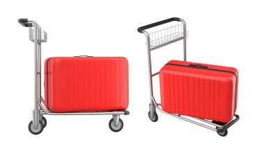 Beyaz arka planda bagajları taşımak için normal polikarbonat valiz seti. 3D seyahat konsepti. Tatil ve bagaj taşımacılığı.