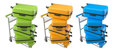 Beyaz arka planda bagajları taşımak için normal polikarbonat valiz seti. 3D seyahat konsepti. Tatil ve bagaj taşımacılığı.