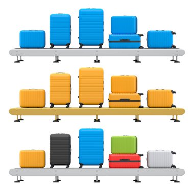 Havalimanı bagaj taşıma bandı, üretim hattı ya da bavulları beyaz arka planda olan bagaj teslim alanı. Seyahat tatil konseptinin 3D sunucusu.