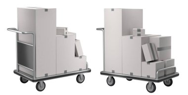 Havaalanı bagaj seti ya da bagaj vagonu yanında bir yığın karton kutu ya da beyaz arka planda karton kutu. Havaalanı veya depo servisinin 3d oluşturma ögesi