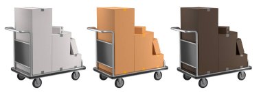 Havaalanı bagaj seti ya da bagaj vagonu yanında bir yığın karton kutu ya da beyaz arka planda karton kutu. Havaalanı veya depo servisinin 3d oluşturma ögesi