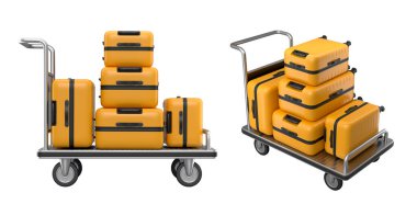 Beyaz arka planda bagajları taşımak için normal polikarbonat valiz seti. 3D seyahat konsepti. Tatil ve bagaj taşımacılığı.