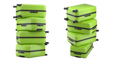 Beyaz arka planda izole edilmiş polikarbonat bavullar. 3D seyahat konsepti bagaj veya bagaj