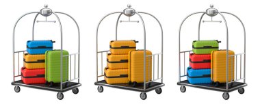 Beyaz arka planda bagajları taşımak için normal polikarbonat valiz seti. 3D seyahat konsepti. Tatil ve bagaj taşımacılığı.