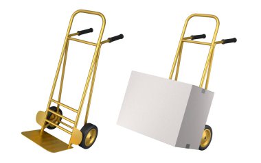 Havaalanı bagaj seti ya da bagaj vagonu yanında bir yığın karton kutu ya da beyaz arka planda karton kutu. Havaalanı veya depo servisinin 3d oluşturma ögesi