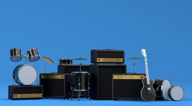 Elektrikli akustik gitarlar, amplifikatörler ve mavi arka planda metal zilleri olan davullar. 3D müzik perküsyon enstrümanı, bateri makinesi ve heavy metal gitarlı bateri seti