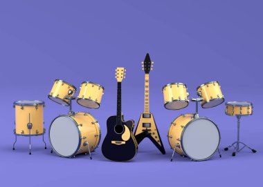 Elektrikli akustik gitar seti ve mor arka planda metal zilleri olan davullar. Rock festivali için üç boyutlu müzik enstrümanı, bateri ve heavy metal gitarın yorumcusu.