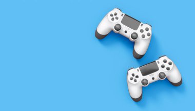 Gerçekçi beyaz video oyunu joystickleri ya da mavi arka planda oyun pedleri. Bulut oyunu ve oyun alanı çalışma alanı konsepti için 3 boyutlu görüntüleme