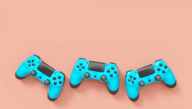 Pembe arka planda gerçekçi mavi oyun joystickleri veya oyun pedleri. Bulut oyunu ve oyun alanı çalışma alanı konsepti için 3 boyutlu görüntüleme