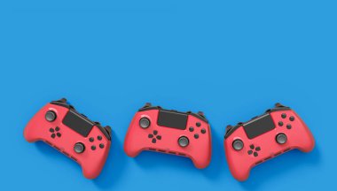 Gerçekçi kırmızı video oyunu joystickleri ya da mavi arka planda oyun pedleri. Bulut oyunu ve oyun alanı çalışma alanı konsepti için 3 boyutlu görüntüleme