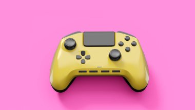 Pembe arka planda gerçekçi sarı video oyunu joystickleri ya da oyun pedleri. Bulut oyunu ve oyun alanı çalışma alanı konsepti için 3 boyutlu görüntüleme