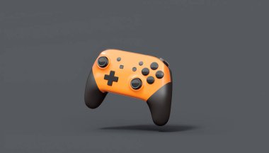 Siyah arka planda gerçekçi turuncu oyun joystickleri ya da oyun pedleri. Bulut oyunu ve oyun alanı çalışma alanı konsepti için 3 boyutlu görüntüleme