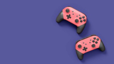 Gerçekçi pembe video oyunu joystickleri ya da menekşe arka planda oyun pedleri. Bulut oyunu ve oyun alanı çalışma alanı konsepti için 3 boyutlu görüntüleme