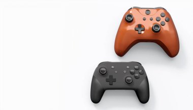 Gerçekçi renkli video oyunu joystickleri ya da beyaz arka planda renk düğmeleri olan gamepad 'ler. Bulut oyunu ve oyun alanı çalışma alanı konsepti için 3 boyutlu görüntüleme