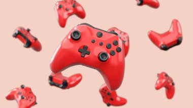 Pembe arka planda dönen ve düşen gerçekçi siyah oyun joystickleri ya da gamepad 'leri. Bulut oyunu ve oyun alanı çalışma alanı konsepti için 3B yayın ekipmanı oluşturma