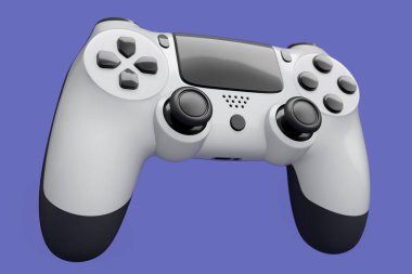 Gerçekçi beyaz video oyunu joystick 'i ya da menekşe arka planda oyun platformu. Bulut oyunu ve oyun alanı çalışma alanı konsepti için 3 boyutlu görüntüleme