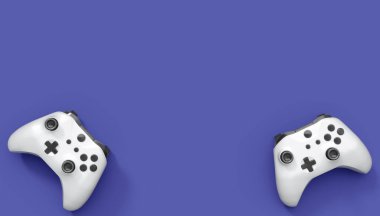 Gerçekçi beyaz video oyunu joystickleri ya da menekşe arka planda oyun pedleri. Bulut oyunu ve oyun alanı çalışma alanı konsepti için 3 boyutlu görüntüleme