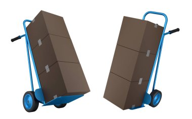 Havaalanı bagaj seti ya da bagaj vagonu yanında bir yığın karton kutu ya da beyaz arka planda karton kutu. Havaalanı veya depo servisinin 3d oluşturma ögesi