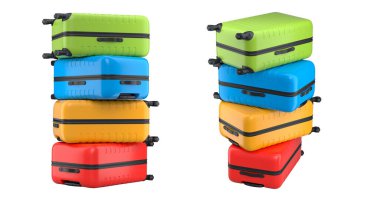 Beyaz arka planda izole edilmiş polikarbonat bavullar. 3D seyahat konsepti bagaj veya bagaj