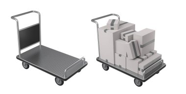 Havaalanı bagaj seti ya da bagaj vagonu yanında bir yığın karton kutu ya da beyaz arka planda karton kutu. Havaalanı veya depo servisinin 3d oluşturma ögesi