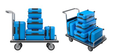 Beyaz arka planda bagajları taşımak için normal polikarbonat valiz seti. 3D seyahat konsepti. Tatil ve bagaj taşımacılığı.