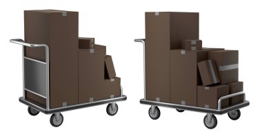 Havaalanı bagaj seti ya da bagaj vagonu yanında bir yığın karton kutu ya da beyaz arka planda karton kutu. Havaalanı veya depo servisinin 3d oluşturma ögesi