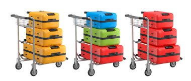 Beyaz arka planda bagajları taşımak için normal polikarbonat valiz seti. 3D seyahat konsepti. Tatil ve bagaj taşımacılığı.