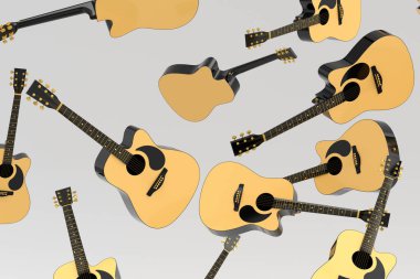 Birçok uçan akustik gitar beyaz arka planda izole edilmiştir. Müzik dükkanı için İspanyol gitarlı rock festivali posterinin 3D canlandırması