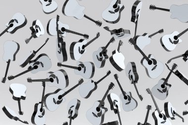Birçok uçan akustik gitar beyaz arka planda izole edilmiştir. Müzik dükkanı için İspanyol gitarlı rock festivali posterinin 3D canlandırması