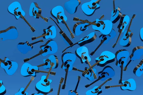 Birçok uçan akustik gitar mavi arka planda izole edilmiştir. Müzik dükkanı için İspanyol gitarlı rock festivali posterinin 3D canlandırması