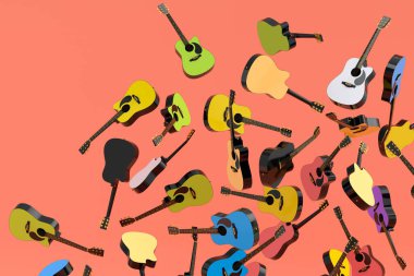 Uçan akustik gitarların çoğu sarı arka planda izole edilmiştir. Müzik dükkanı için İspanyol gitarlı rock festivali posterinin 3D canlandırması