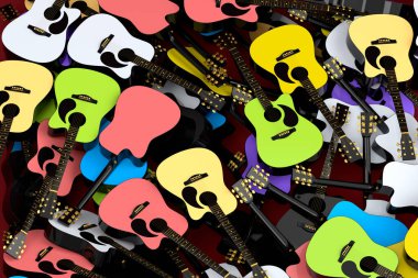 Beyaz arka planda izole edilmiş uçan akustik gitar yığını. Müzik dükkanı için İspanyol gitarlı rock festivali posterinin 3D canlandırması