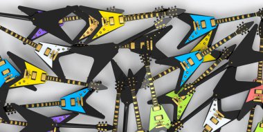 Beyaz arka planda izole edilmiş elektro gitar yığını. Müzik dükkanı için İspanyol gitarlı rock festivali posterinin 3D canlandırması