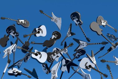 Uçan elektro gitarların çoğu mavi arka planda izole edilmiştir. Müzik dükkanı için İspanyol gitarlı rock festivali posterinin 3D canlandırması